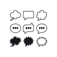 A set of nine black and white communication icons, including speech bubbles, thought clouds, and quote marks.