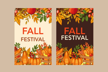 Fall Harvest Festival Banner template. Harvest Fest Poster Design. Pumpkin, Apple, Acorns and fall Greenery. Farm fresh fruits. Fall season elements for Thanksgiving Design. Fall Layout Template