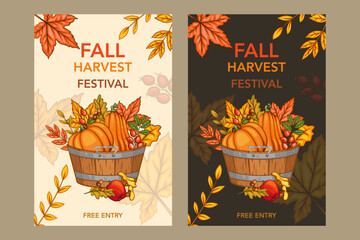 Fall Harvest Festival Banner template. Harvest Fest Poster Design. Pumpkin, Apple, Acorns and fall Greenery. Farm fresh fruits. Fall season elements for Thanksgiving Design. Fall Layout Template