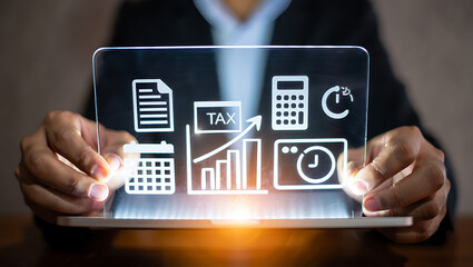 Financial planning icons displayed on transparent screen finance technology