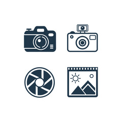 Icons representing photography, including a DSLR camera, a compact camera with flash, a camera lens aperture, and a framed landscape image.