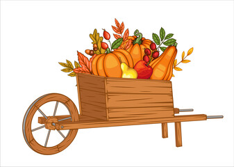 Fall Harvest. Wooden Box with Fall Harvest and Leaves. Autumn Harvest concept. Pumpkin, Apple, Acorn in a basket on white background. Farm fresh fruits. Agriculture. Thanksgiving Design
