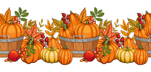 Fall Garland with Pumpkins, Acorns and Leaves. Fall Seamless Horizontal Background. Autumn  Illustration. Fall Flower Design. Fall Botanical garland seamless. Harvest Festival Border Frame
