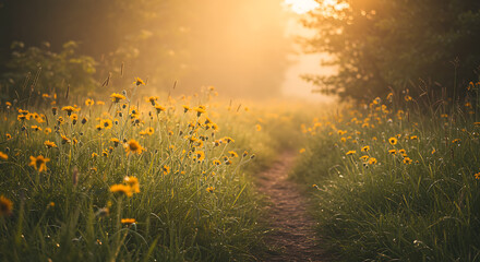 Obraz premium Sunlit Path Through Wildflowers and Green Grass.
