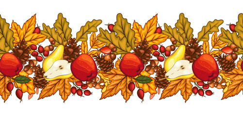 Fall Garland with Pumpkins, Acorns and Leaves. Fall Seamless Horizontal Background. Autumn  Illustration. Fall Flower Design. Fall Botanical garland seamless. Harvest Festival Border Frame