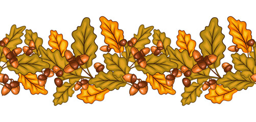 Fall Garland with Acorns and Leaves. Fall Seamless Horizontal Background. Autumn  Illustration. Fall Flower Design. Fall Botanical garland seamless. Harvest Festival Border Frame