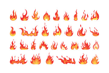 Collection of various cartoon flame illustrations, depicting different shapes and sizes of fire elements against a white background.