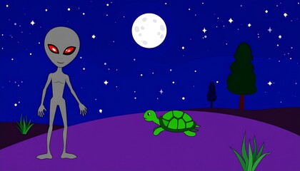 An alien and a turtle at night