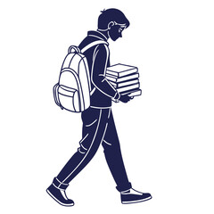 Student carrying a stack of books and a backpack walking