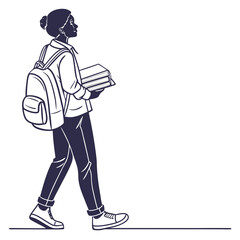 Student walking with backpack and books outline