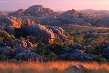 Dawn lights granite boulders on a grassy plain