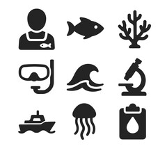 A set of black glyph icons representing marine biology, oceanography research, and aquatic science exploration concepts - the marine biologist profession.