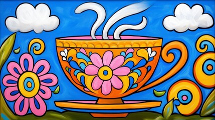 Whimsical Teacup Illustration with Colorful Flowers and Bright Blue Sky