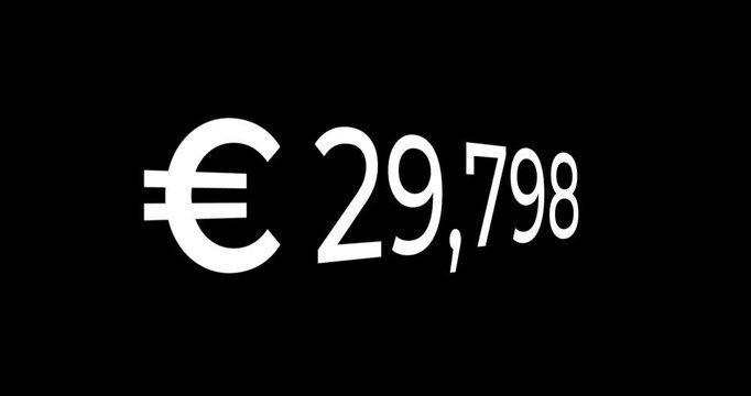 Euro currency digit counter, European currency that increases from 0 to 1 million on a black background