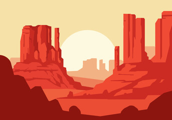 Monument Valley Landscape with Red Rock Formations and Setting Sun