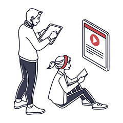Two people interacting with digital devices and a video player interface