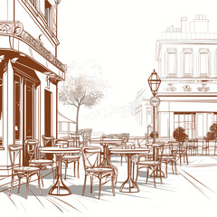Hand-Drawn Parisian Outdoor Coffee Shop on a Sunny Day