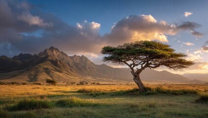 Obraz premium African savanna landscape at sunset. A lone acacia tree stands against a backdrop of mountains bathed in golden light