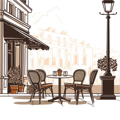 Hand-Drawn Parisian Outdoor Coffee Shop on a Sunny Day