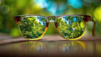 Sunglasses reflecting vibrant greenery