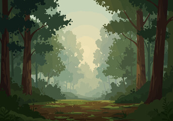 Forest Illustration with Tall Trees and Misty Atmosphere