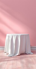 Empty white tablecloth draped over a round pedestal table in a pink room