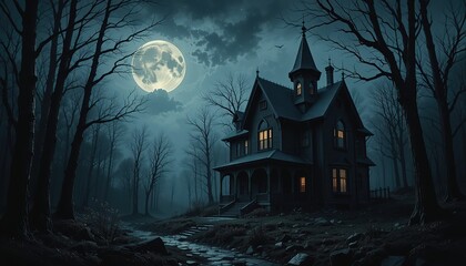 Fototapeta premium Haunted Victorian Mansion Under Full Moon