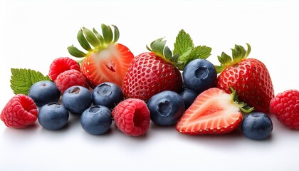 Obraz premium assorted berries including strawberries raspberries and blueberries isolated white background