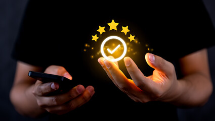 Glowing checkmark surrounded by stars above hands holding phone image