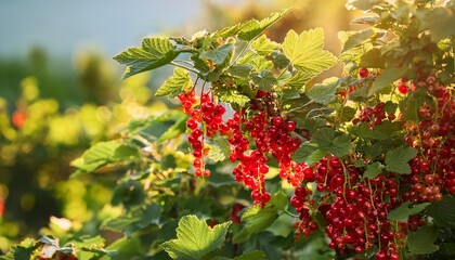 Obraz premium abundant red currant bush with ripe berries in summer