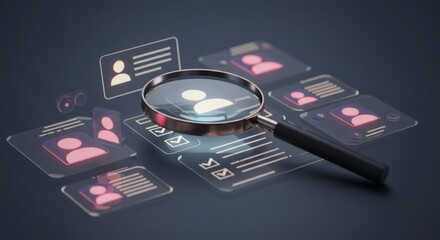  A magnifying glass hovering over a digital interface with floating user profiles