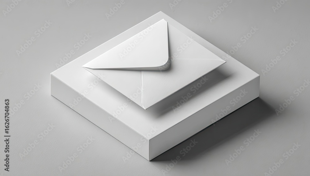 Poster a minimalist, 3d rendering of a white envelope resting atop a slightly larger white square block, bo