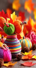 Naklejka premium Colorful yarn pumpkins and leaves in a striped vase. Autumnal decor on a wooden surface