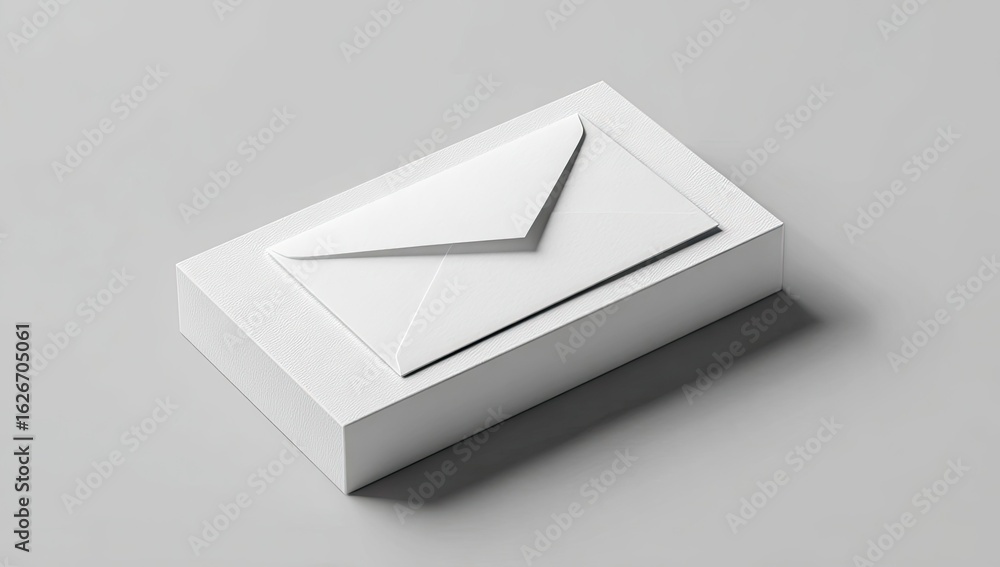 Poster a crisp, white envelope rests atop a rectangular block, both objects rendered in a simple, three-dim