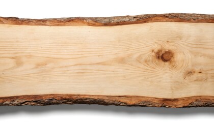 Natural wood slab plank with live edge texture. Overhead shot shows rustic, organic surface with brown, beige wood grain. Uneven, rough timber edge details add character. Perfect for design elements,