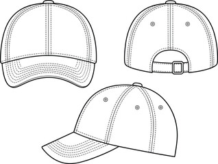 Baseball cap fashion flat sketch, front back side views, technical drawing, adjustable strap hat design, vector headwear illustration template