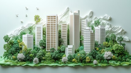 Obraz premium Green urban landscape featuring white model buildings surrounded by lush trees and rolling hills with birds flying overhead representing a sustainable eco friendly modern city environment concept