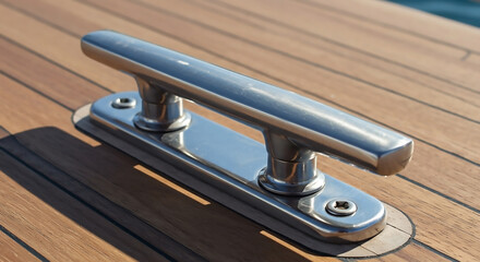 Polished Stainless Steel Cleat on Teak Yacht Deck © Saiful Islam Wasif