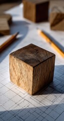 Close-up of a wooden cube on blueprint paper