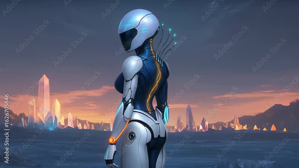 Poster futuristic robot with glowing elements stands against a twilight backdrop showcasing advanced techno