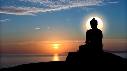 Silhouette of buddha meditating against a vibrant sunset over the ocean