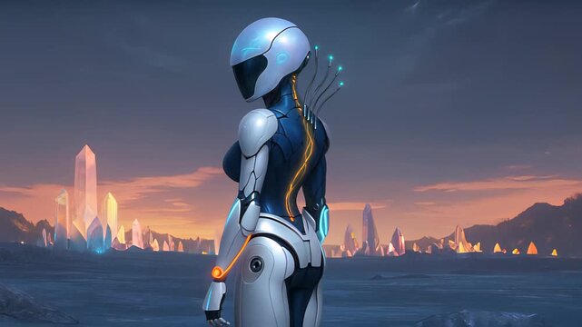 Futuristic Robot With Glowing Elements Stands Against a Twilight Backdrop Showcasing Advanced Technology