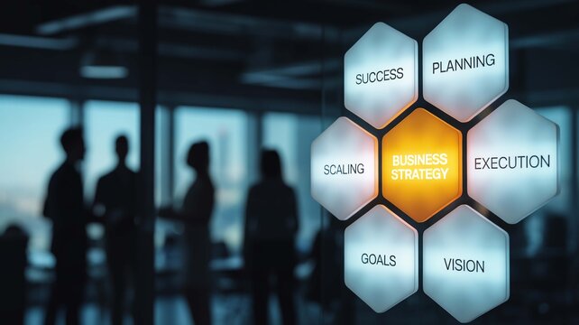 Dynamic business strategy concept with team collaboration, planning, and execution for success, showcasing goals and vision in a modern office setting