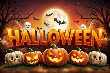 Spooky halloween night with glowing jack o lanterns flying bats and ghostly figures under a full moon