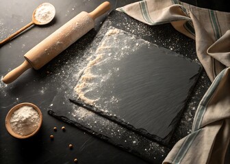 Baking preparation with rolling pin and flour on a dark surface