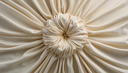 Cream-colored fabric, radiating pleats, centered sculpted rosette