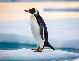 Fototapeta premium A Penguin standing on an Ice Floe in the Arctic Ocean. penguin on the rocks.