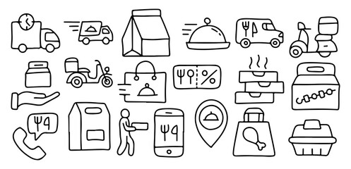 Hand Drawn Food Delivery and Online Order Icons – Doodle Style Takeaway, Courier, Scooter, Restaurant Service, Mobile App, Discount Voucher, Packaging
