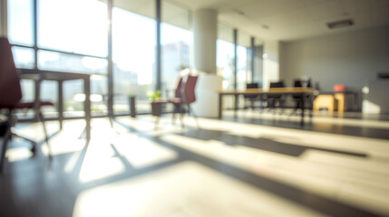 Beautiful blurred background of a light modern office interior with windows and beautiful lighting. modern, sunlit interior space, such as a cafe or office. The image is blurred