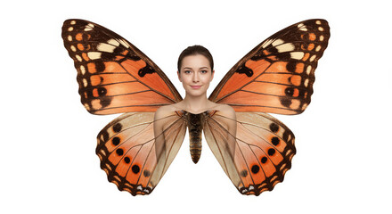 Fototapeta premium Woman with butterfly wings in digital composite against a clean white backdrop